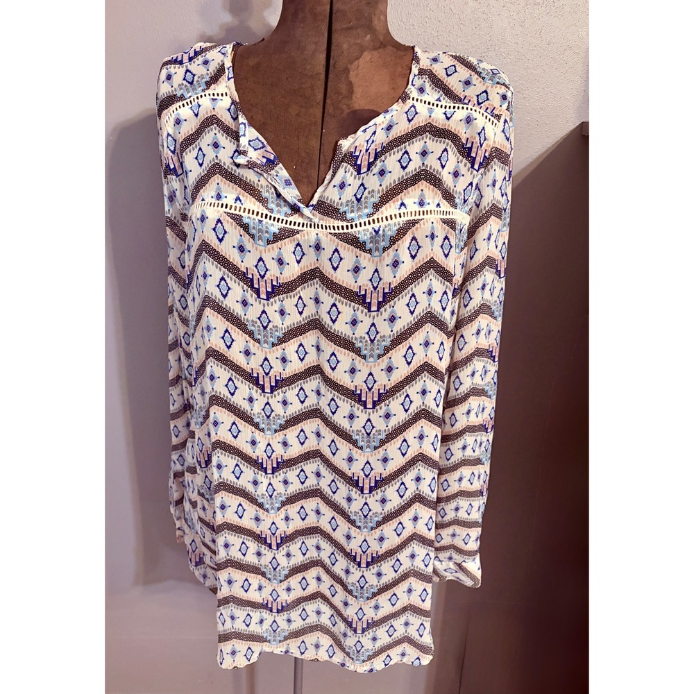 Mossimo Supply Co Womens Tunic Top XL Geometric‎ Print Long Sleeve Sheer Boho
